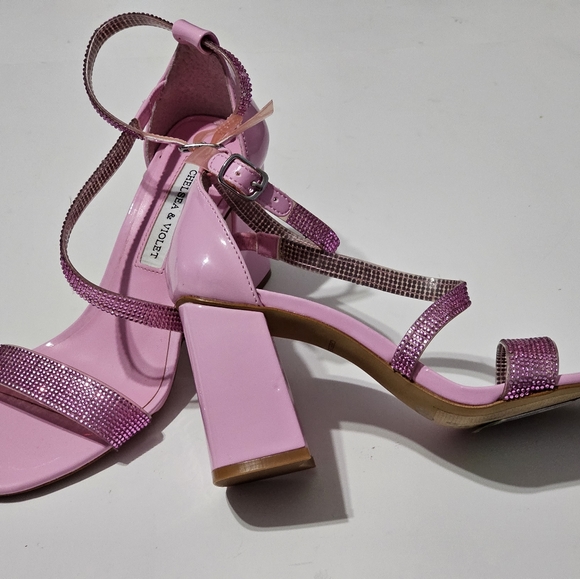 Chelsea & Violet Rhinestone Pink Embellished Block Heel Dress Sandals Size 6.5 - Picture 7 of 11